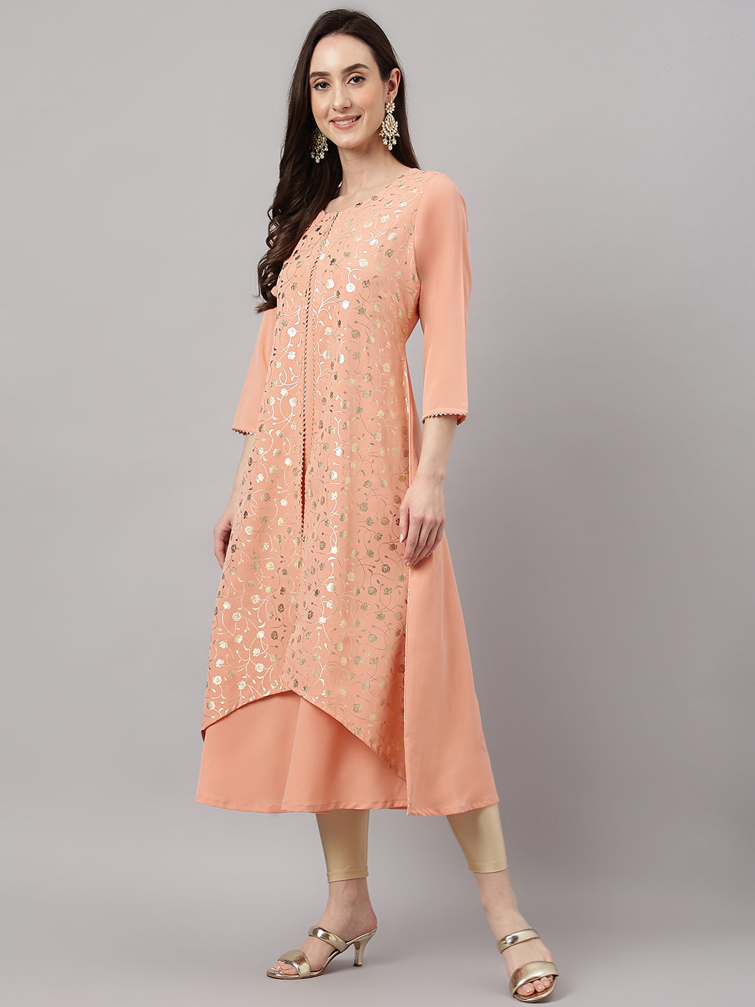 Janasya Women's Peach Crepe Foil Printed Casual Frontslit Kurta
