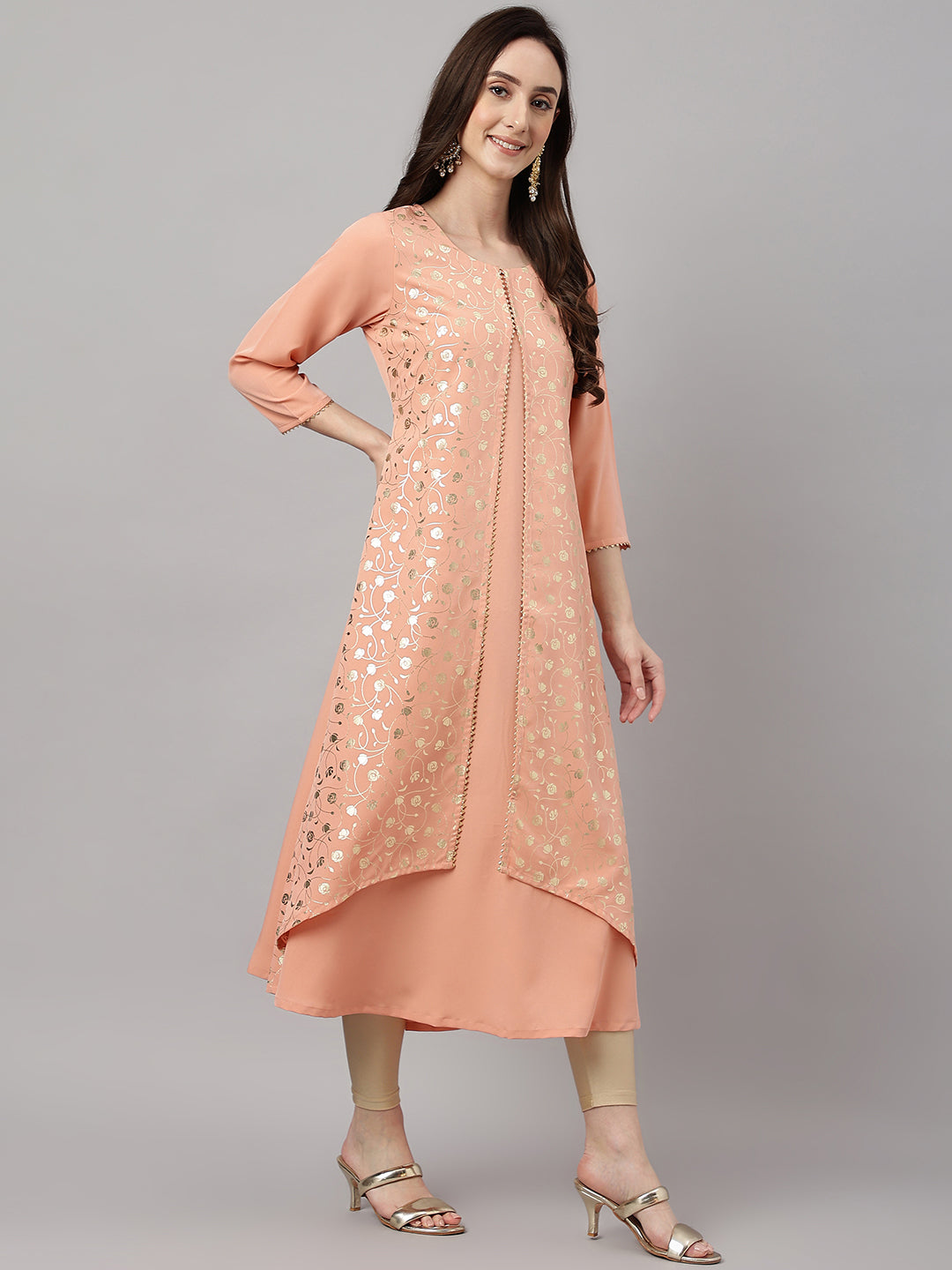 Janasya Women's Peach Crepe Foil Printed Casual Frontslit Kurta