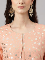 Janasya Women's Peach Crepe Foil Printed Casual Frontslit Kurta
