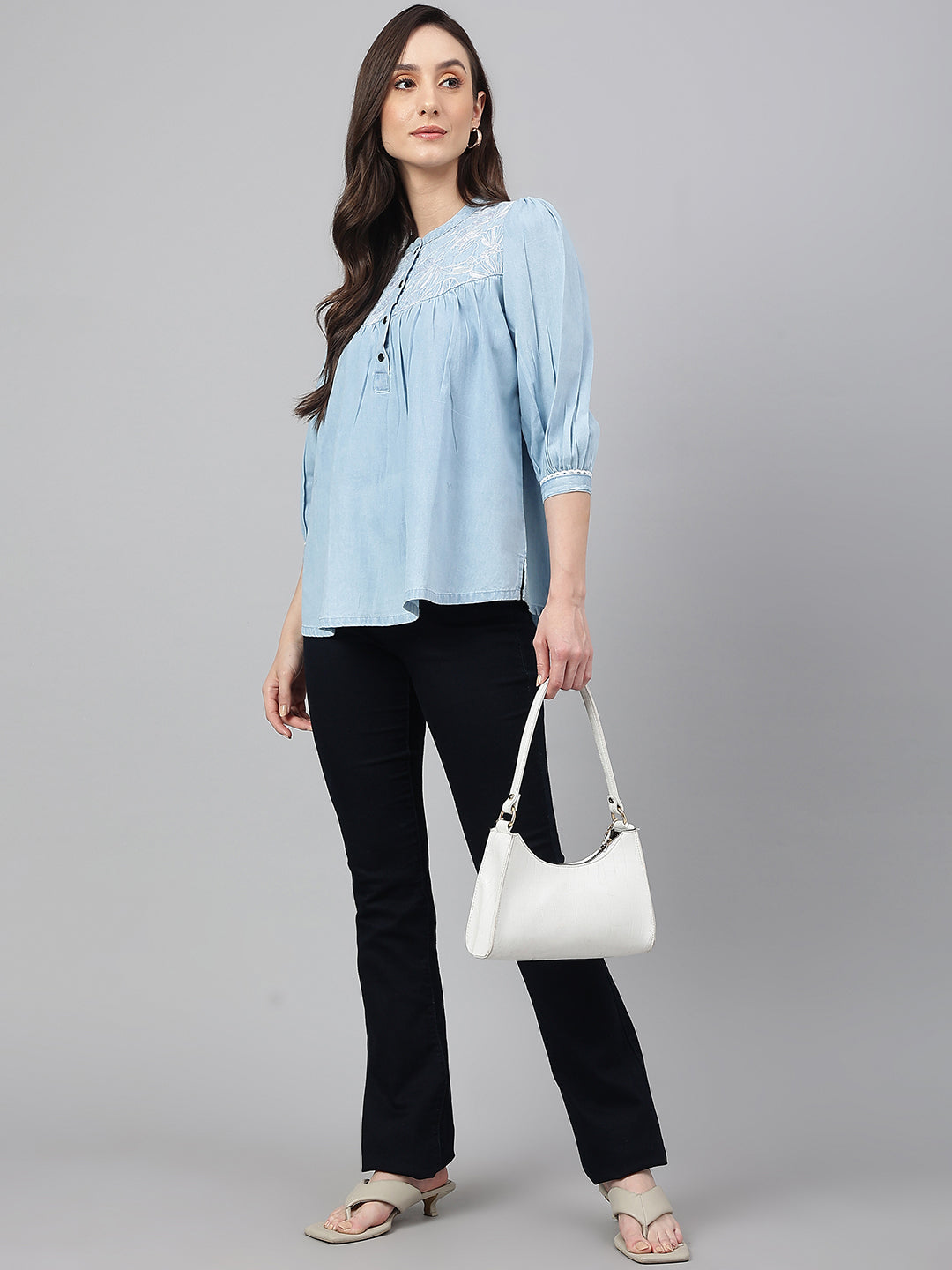 Janasya Women's Light Blue Denim Embroidered Flared Top - Distacart