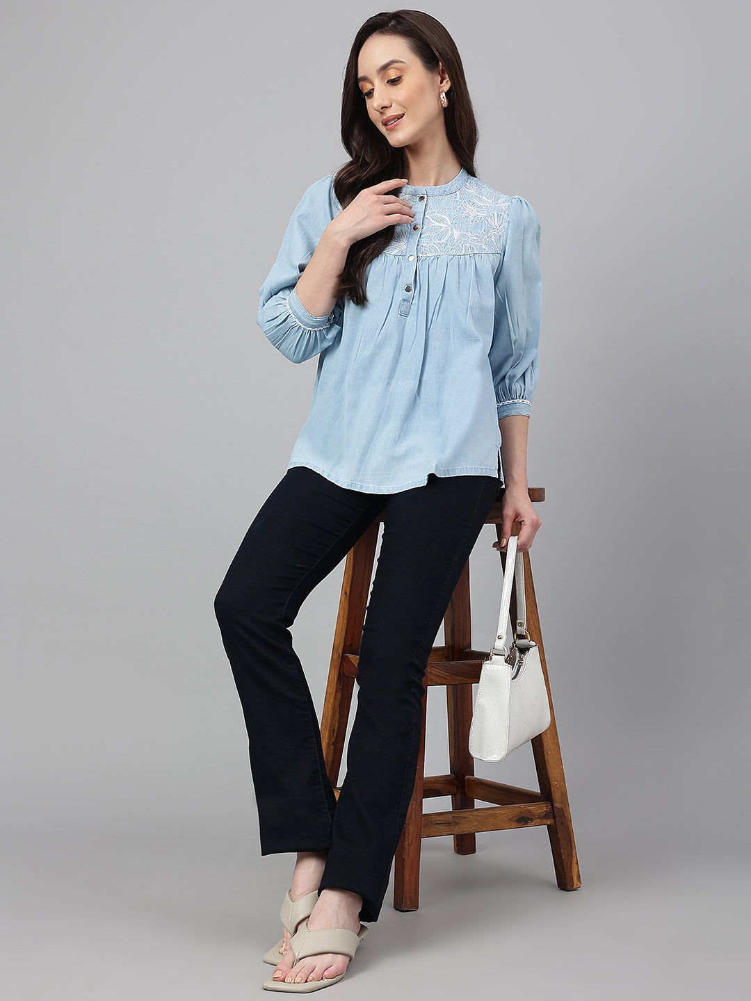 Janasya Women's Light Blue Denim Embroidered Flared Top - Distacart