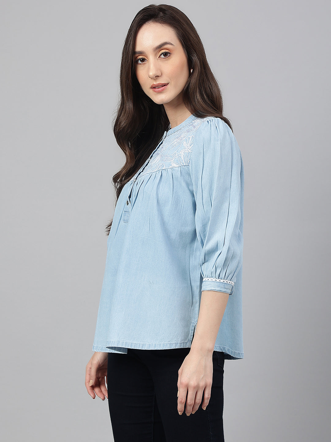 Janasya Women's Light Blue Denim Embroidered Flared Top - Distacart