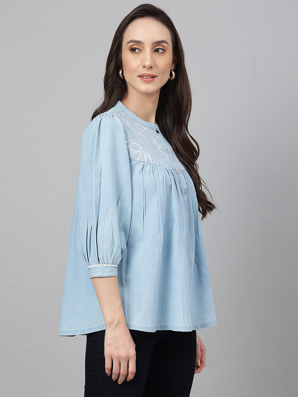 Janasya Women's Light Blue Denim Embroidered Flared Top - Distacart