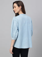 Janasya Women's Light Blue Denim Embroidered Flared Top - Distacart