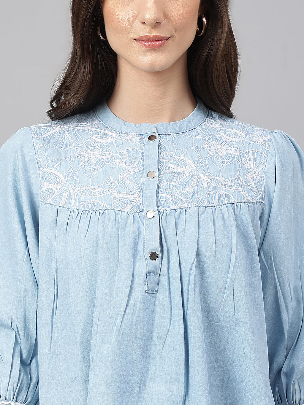 Janasya Women's Light Blue Denim Embroidered Flared Top - Distacart