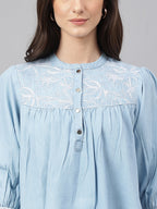 Janasya Women's Light Blue Denim Embroidered Flared Top - Distacart