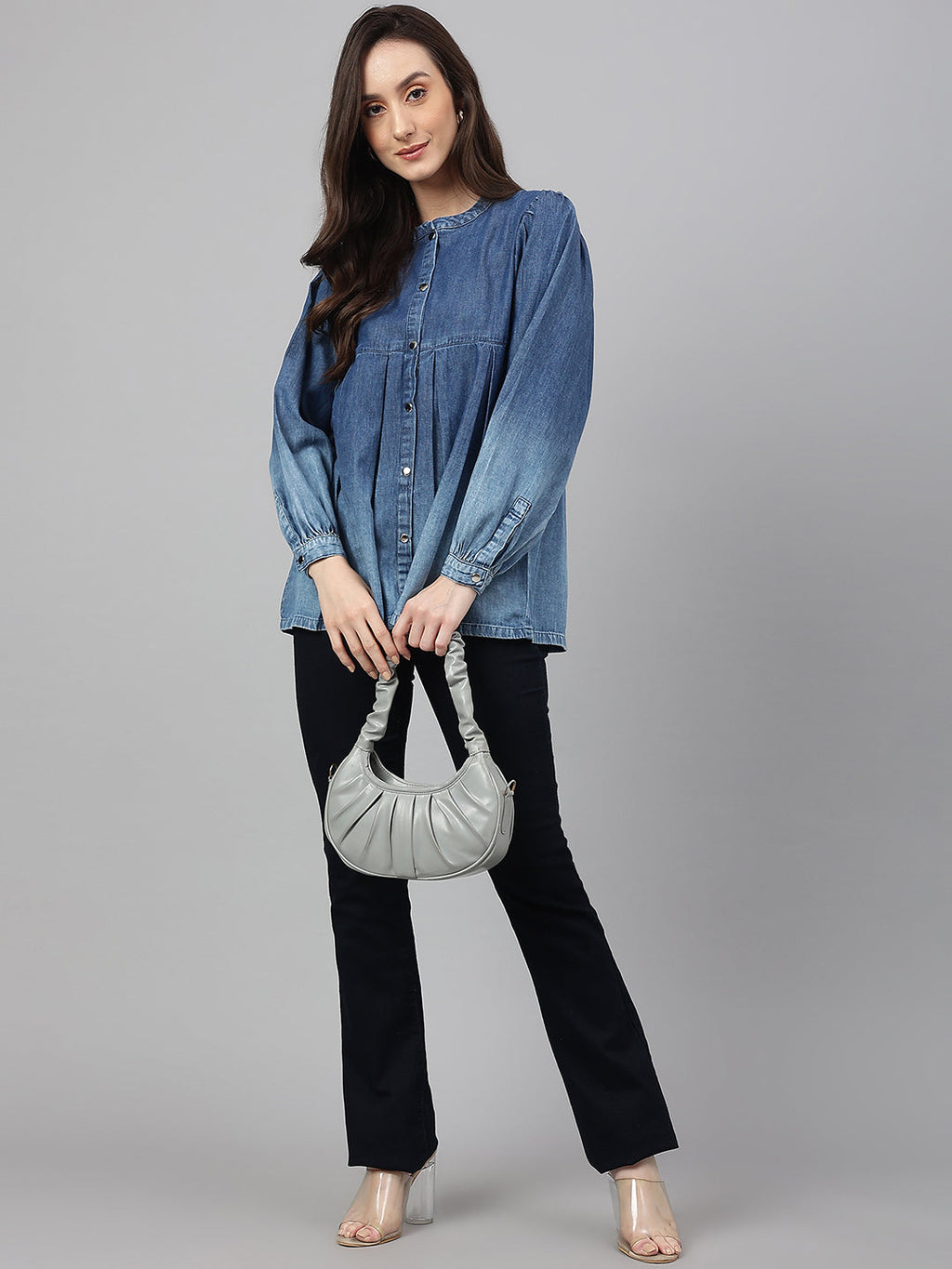 Janasya Women's Blue Denim Faded Flared Top - Distacart