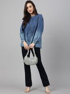 Janasya Women's Blue Denim Faded Flared Top - Distacart