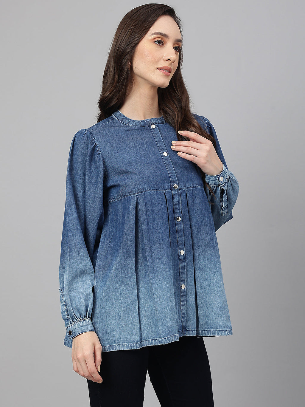 Janasya Women's Blue Denim Faded Flared Top - Distacart