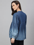 Janasya Women's Blue Denim Faded Flared Top - Distacart