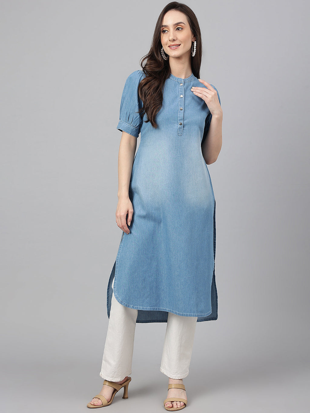 Janasya Women's Light Blue Denim Solid Casual High Low Kurta