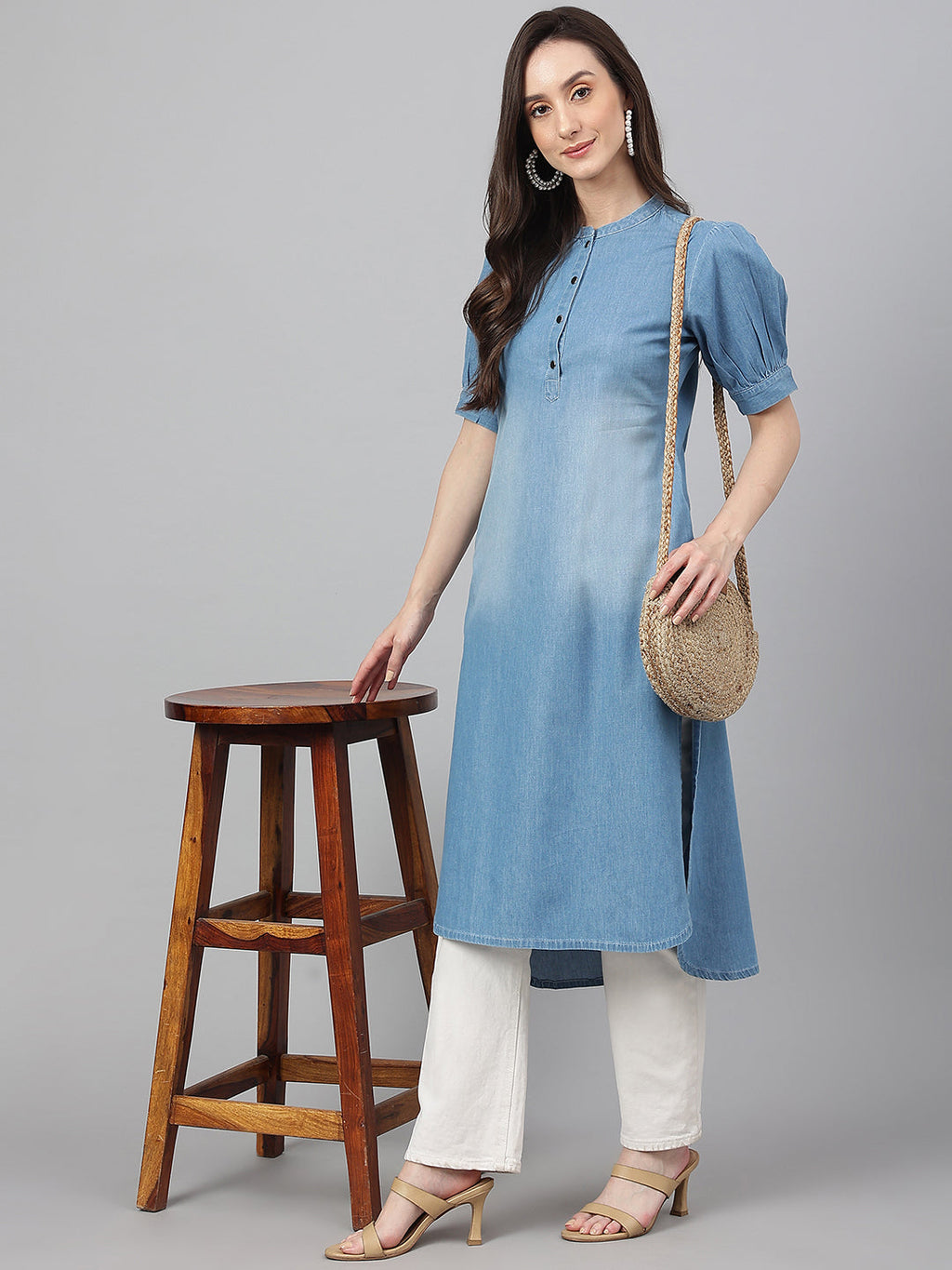 Janasya Women's Light Blue Denim Solid Casual High Low Kurta