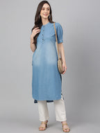 Janasya Women's Light Blue Denim Solid Casual High Low Kurta