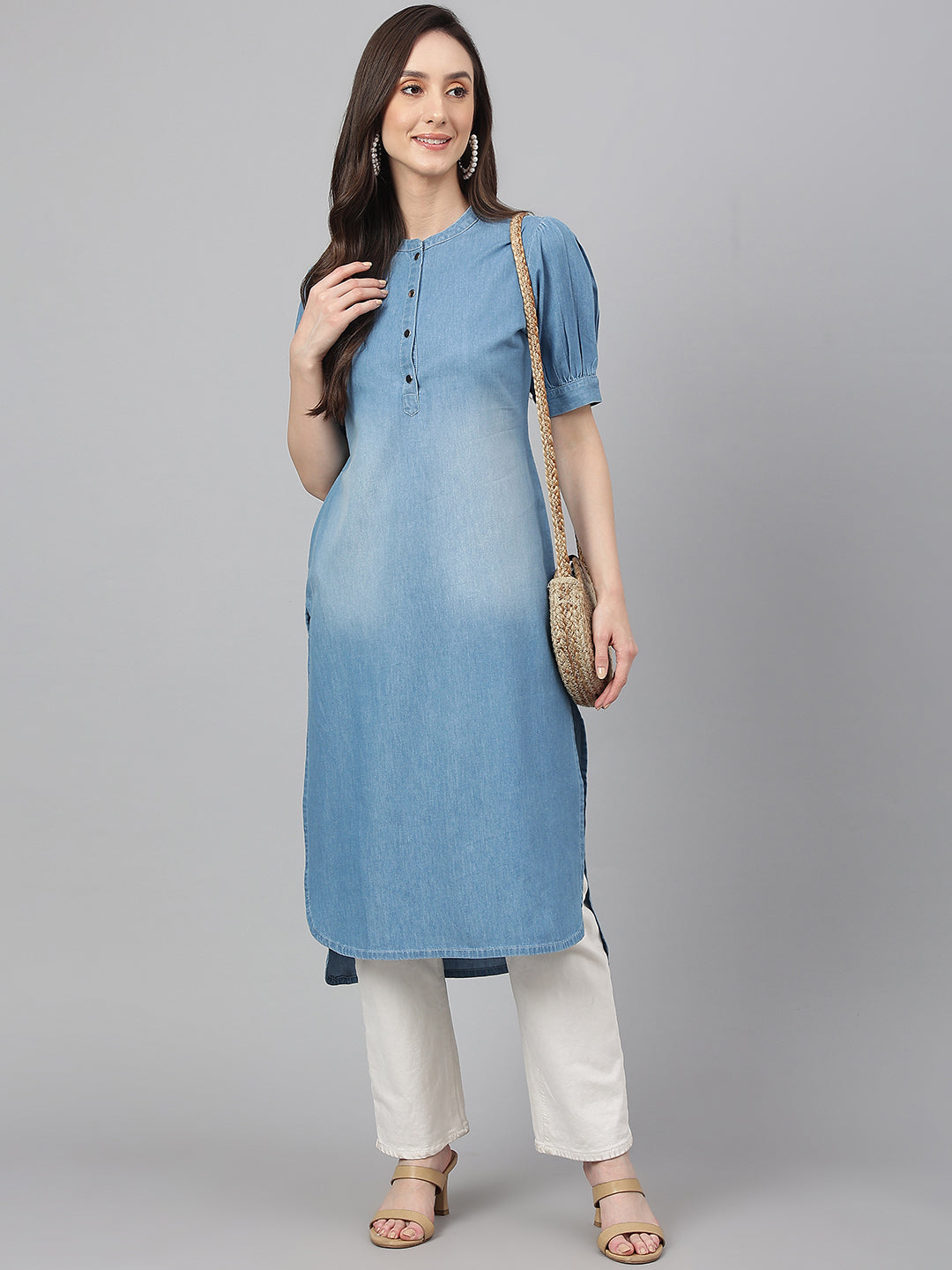 Janasya Women's Light Blue Denim Solid Casual High Low Kurta