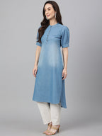 Janasya Women's Light Blue Denim Solid Casual High Low Kurta