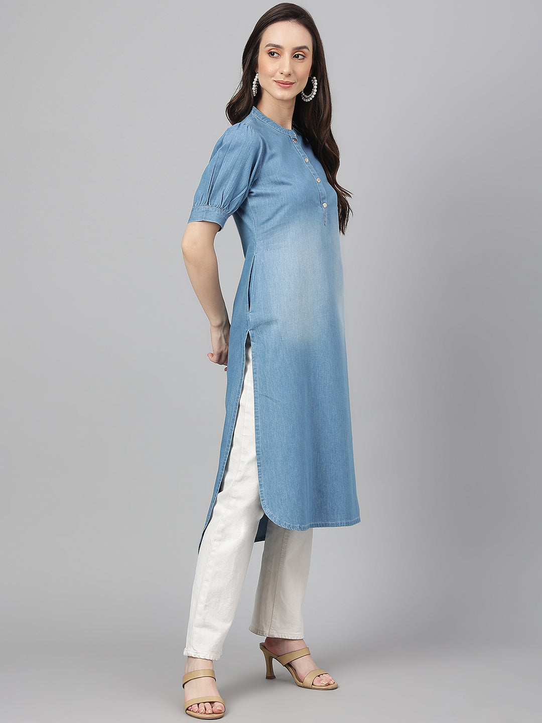 Janasya Women's Light Blue Denim Solid Casual High Low Kurta