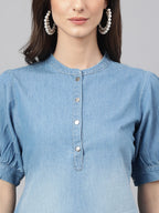 Janasya Women's Light Blue Denim Solid Casual High Low Kurta