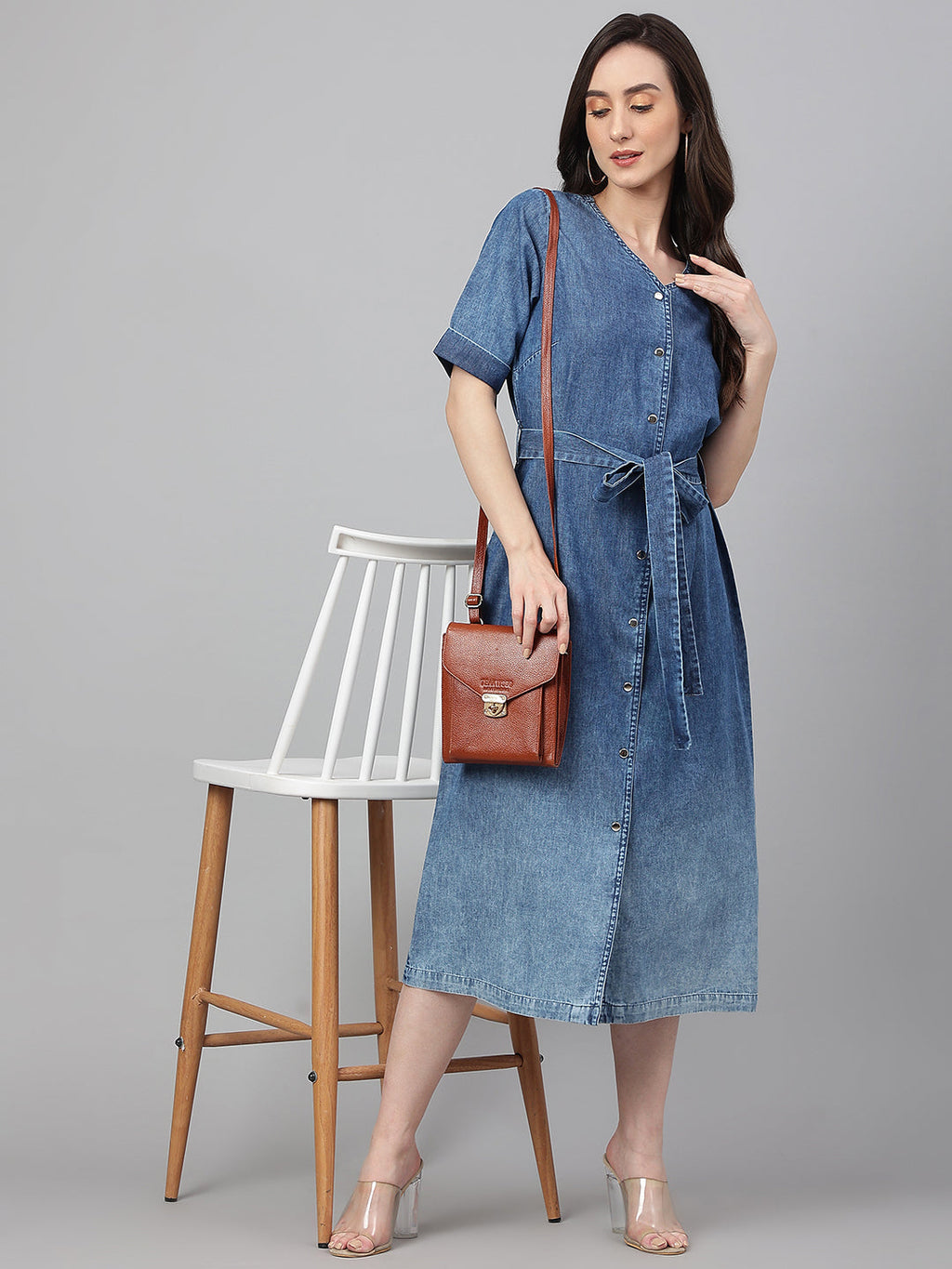 Janasya Women's Blue Denim Solid Straight Western Dress - Distacart