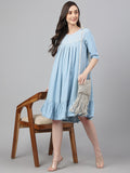 Janasya Women's Light Blue Denim Solid Flared Western Dress - Distacart
