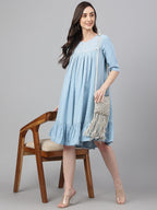 Janasya Women's Light Blue Denim Solid Flared Western Dress - Distacart