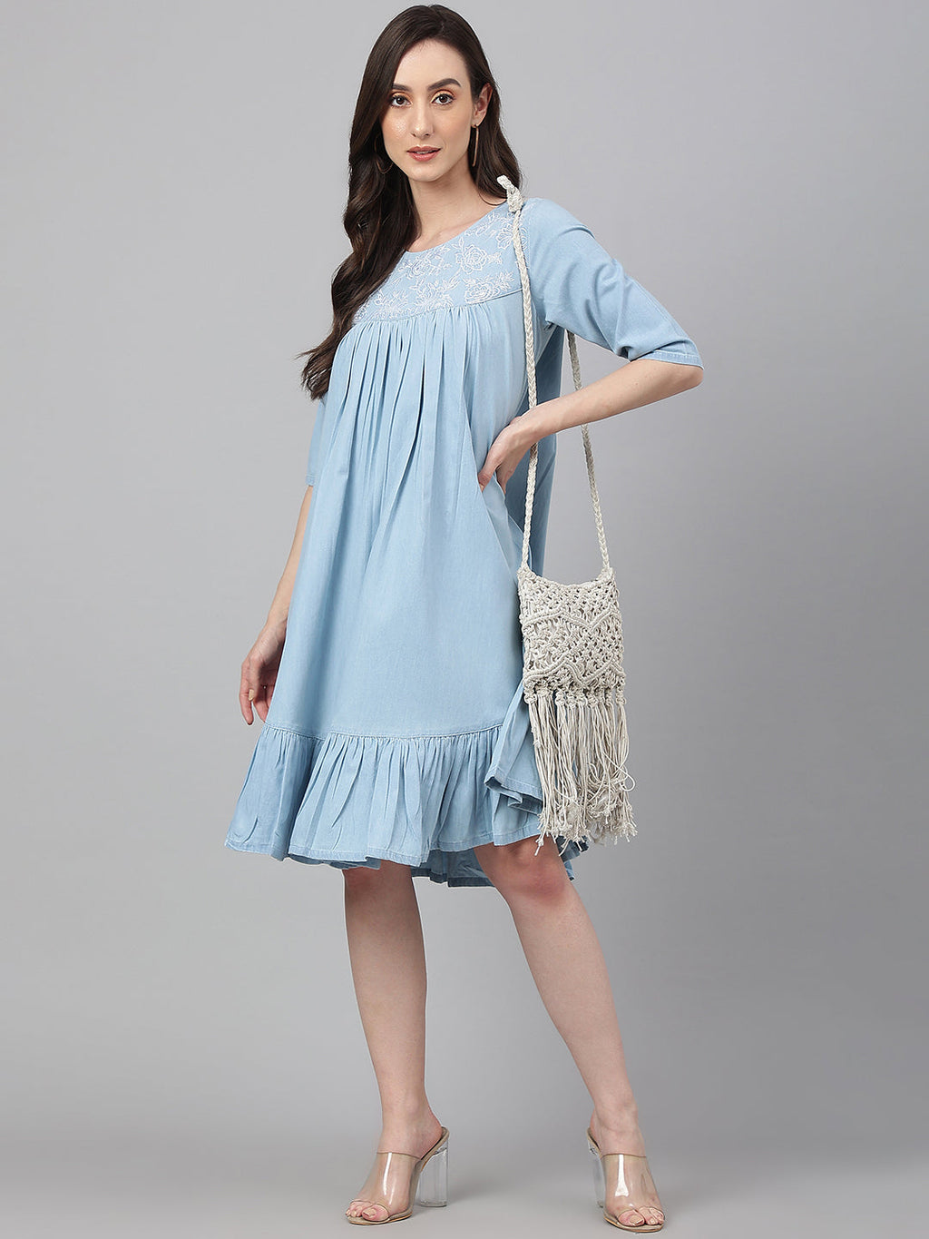 Janasya Women's Light Blue Denim Solid Flared Western Dress - Distacart