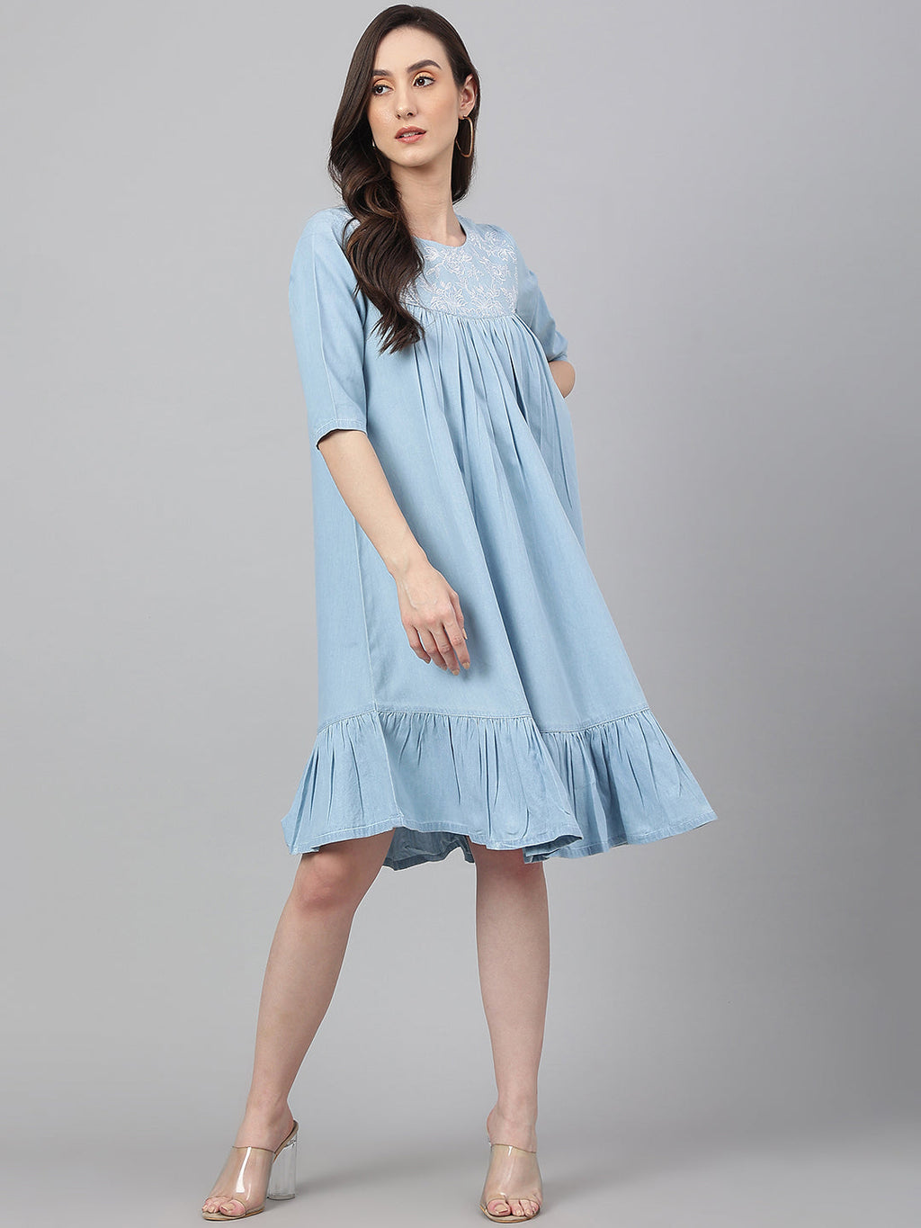 Janasya Women's Light Blue Denim Solid Flared Western Dress - Distacart