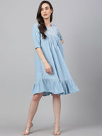Janasya Women's Light Blue Denim Solid Flared Western Dress - Distacart