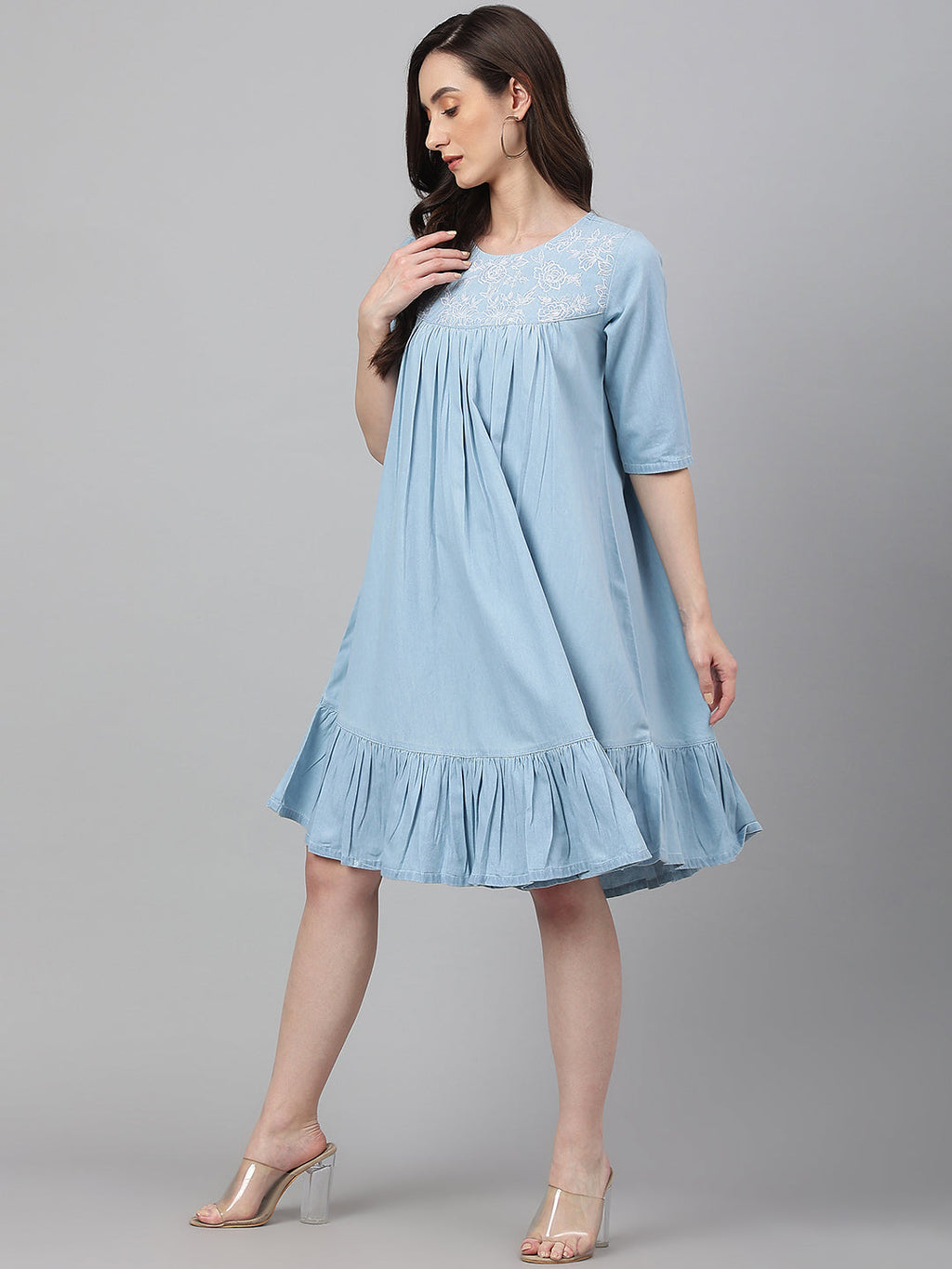 Janasya Women's Light Blue Denim Solid Flared Western Dress - Distacart
