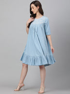 Janasya Women's Light Blue Denim Solid Flared Western Dress - Distacart