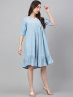 Janasya Women's Light Blue Denim Solid Flared Western Dress - Distacart