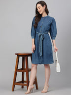Janasya Women's Blue Denim Solid Straight Western Dress - Distacart