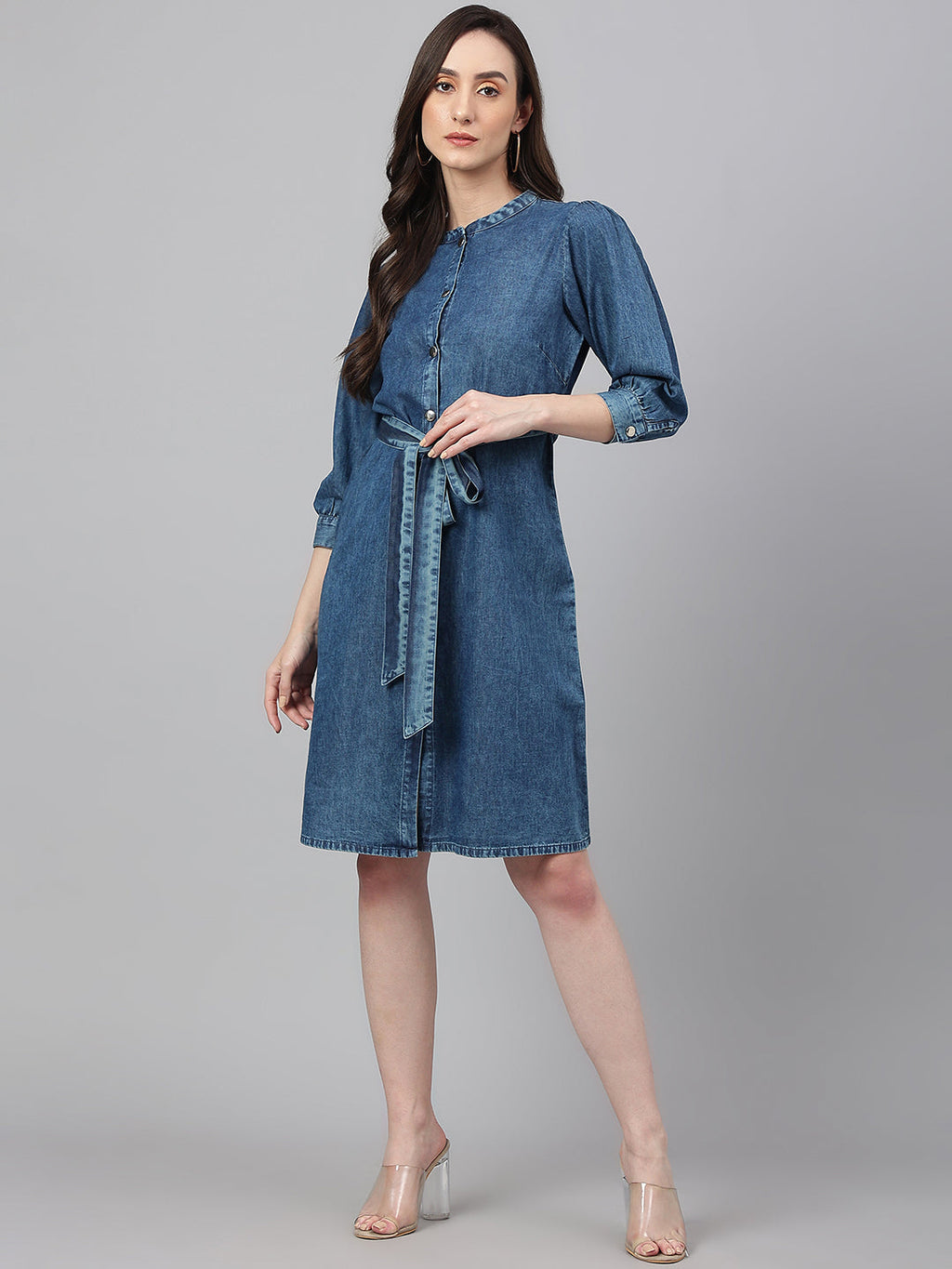 Janasya Women's Blue Denim Solid Straight Western Dress - Distacart