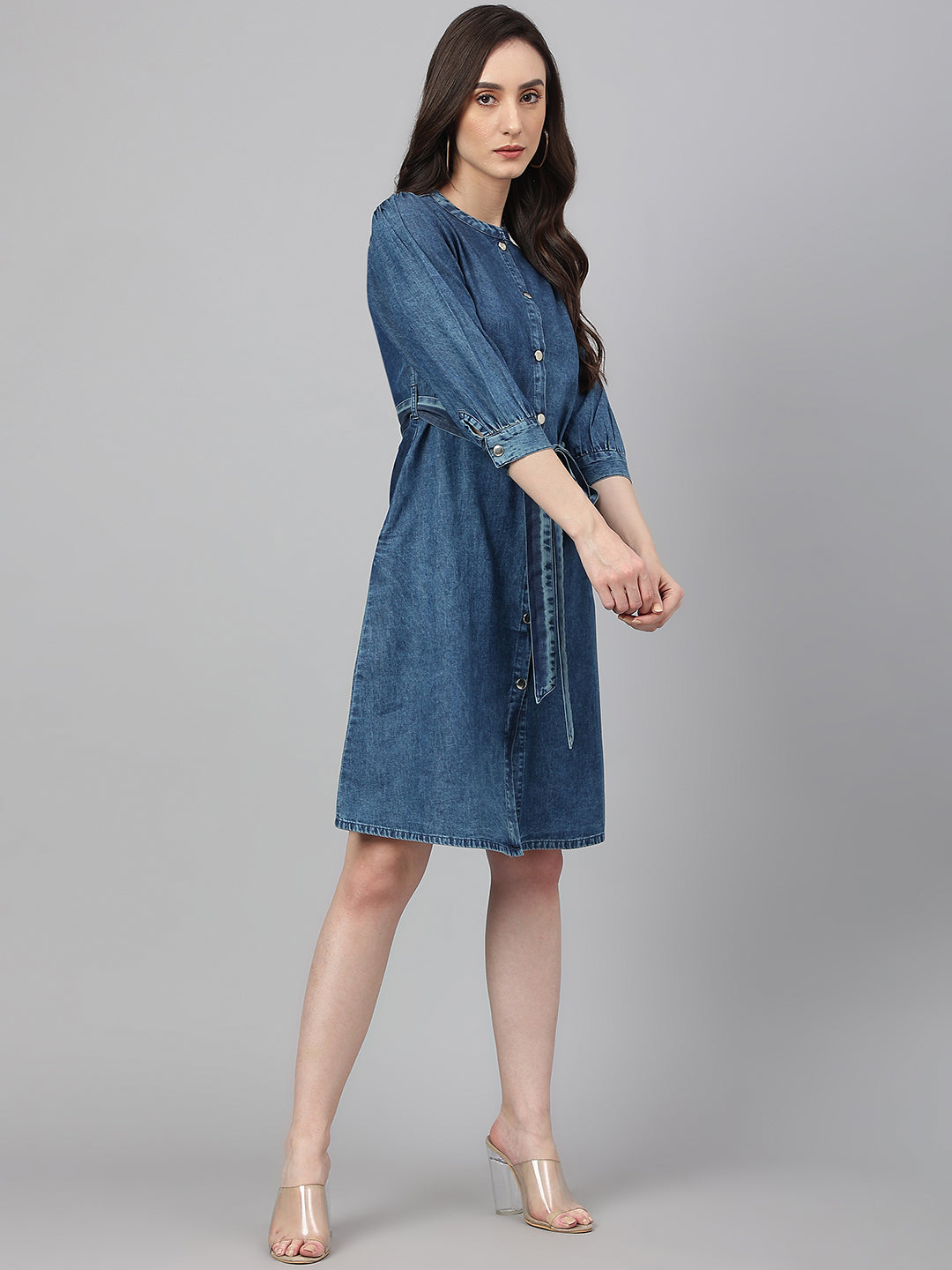 Janasya Women's Blue Denim Solid Straight Western Dress - Distacart