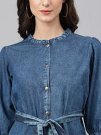 Janasya Women's Blue Denim Solid Straight Western Dress - Distacart