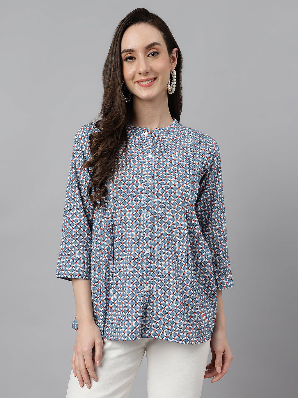 Janasya Women's Blue Cotton Printed Casual Regular Top