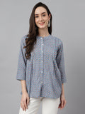 Janasya Women's Blue Cotton Printed Casual Regular Top