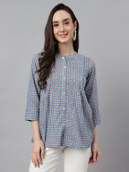Janasya Women's Blue Cotton Printed Casual Regular Top