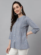 Janasya Women's Blue Cotton Printed Casual Regular Top