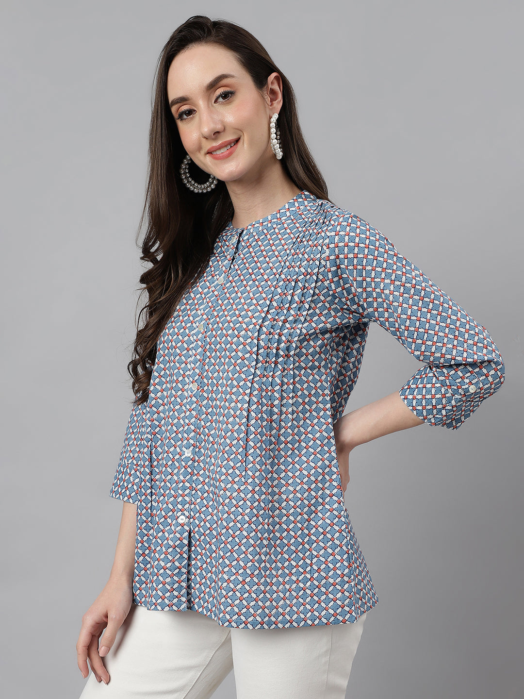 Janasya Women's Blue Cotton Printed Casual Regular Top