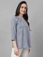 Janasya Women's Blue Cotton Printed Casual Regular Top