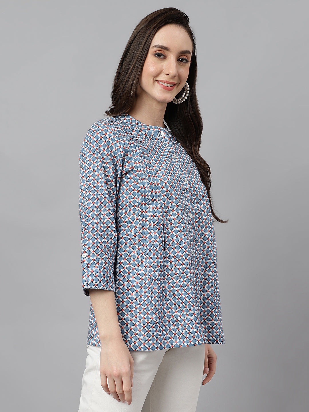 Janasya Women's Blue Cotton Printed Casual Regular Top