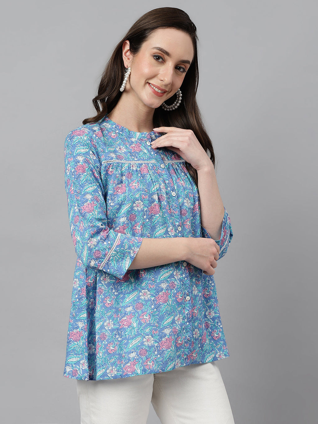 Janasya Women's Blue Cotton Botanical Print Casual Empire Top