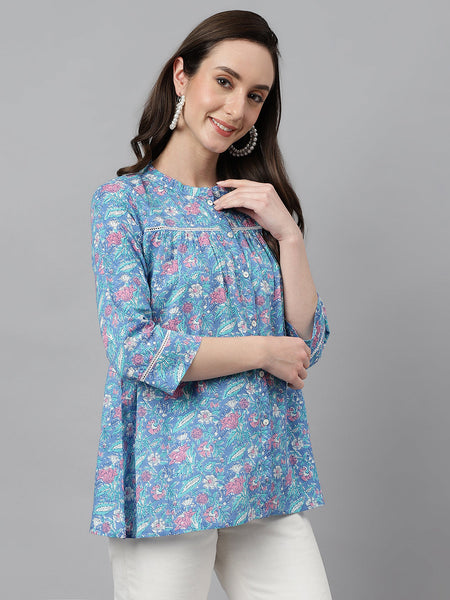 Janasya Women's Blue Cotton Botanical Print Casual Empire Top