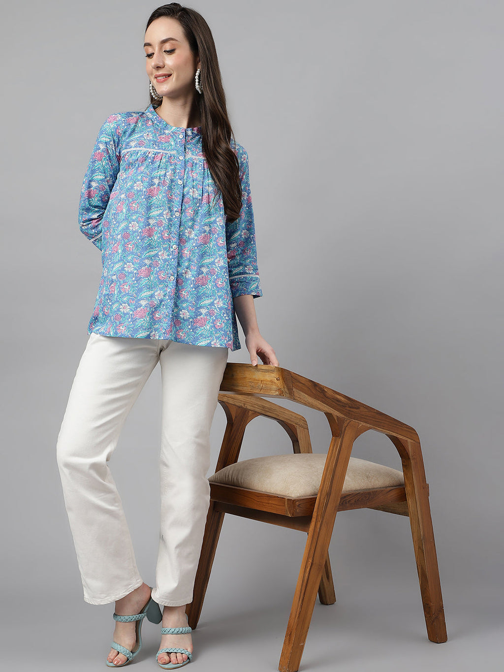 Janasya Women's Blue Cotton Botanical Print Casual Empire Top