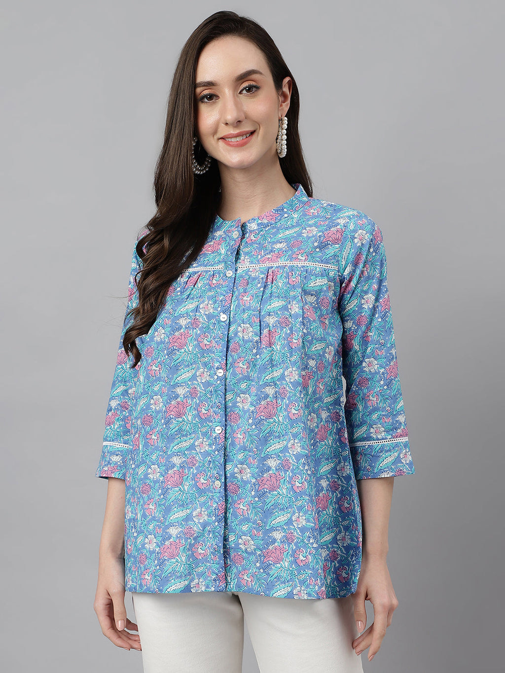 Janasya Women's Blue Cotton Botanical Print Casual Empire Top