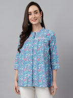 Janasya Women's Blue Cotton Botanical Print Casual Empire Top