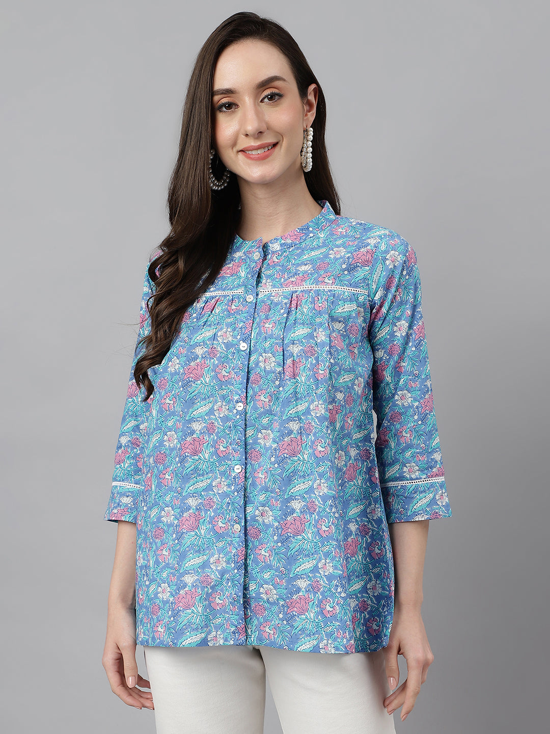 Janasya Women's Blue Cotton Botanical Print Casual Empire Top