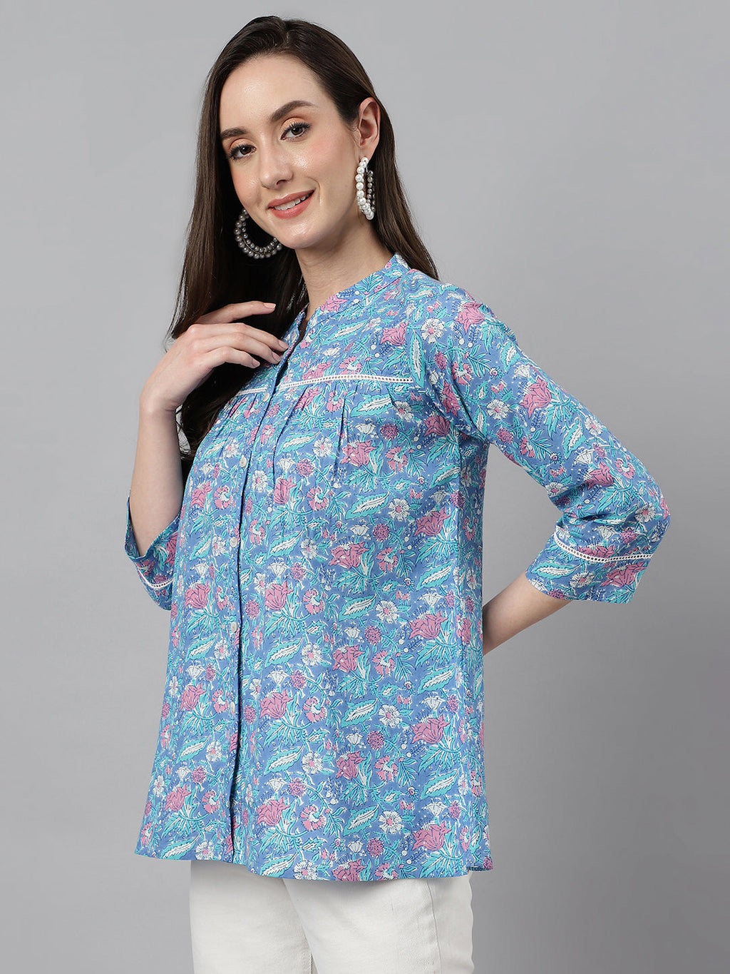 Janasya Women's Blue Cotton Botanical Print Casual Empire Top