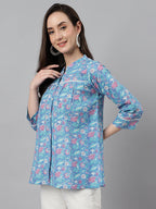Janasya Women's Blue Cotton Botanical Print Casual Empire Top