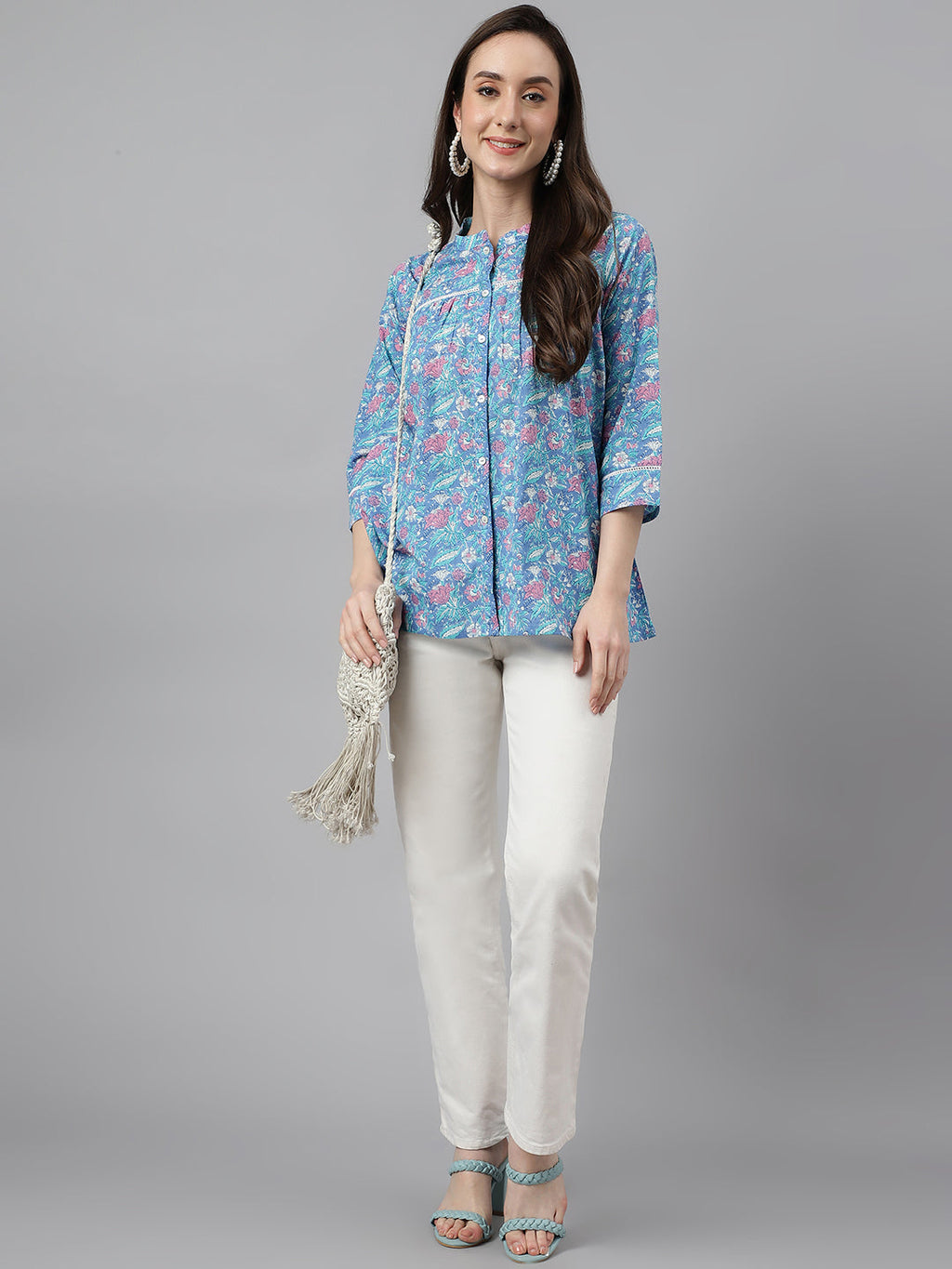 Janasya Women's Blue Cotton Botanical Print Casual Empire Top
